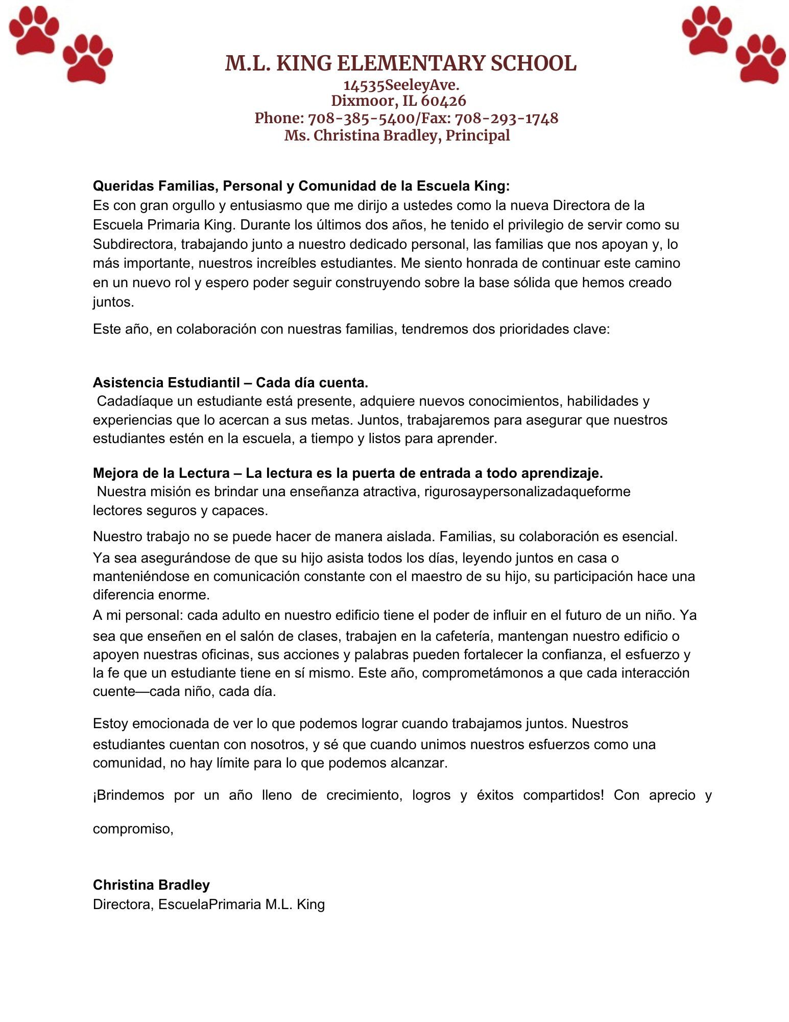 Principal's Letter Spanish